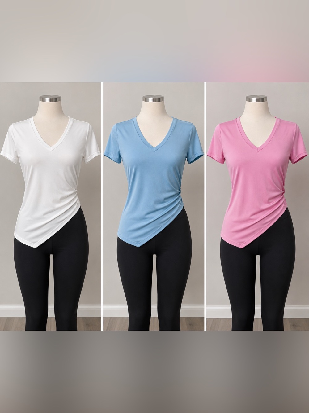 3 Women’s V-Neck Short Sleeve Top - White, Blue, Pink